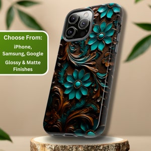 Tooled Leather Turquoise Phone Case, Boho Western Phone Cover, Floral Leather Pattern Phone Case, Western Boho Case, iPhone, Samsung, Pixel