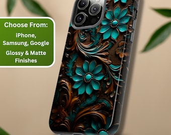 Tooled Leather Turquoise Phone Case, Boho Western Phone Cover, Floral Leather Pattern Phone Case, Western Boho Case, iPhone, Samsung, Pixel