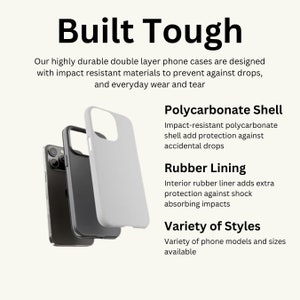 May include: Three phone cases: black, gray, and white. The image includes the text "Built Tough" and details about the cases, including a polycarbonate shell, rubber lining, and variety of styles.