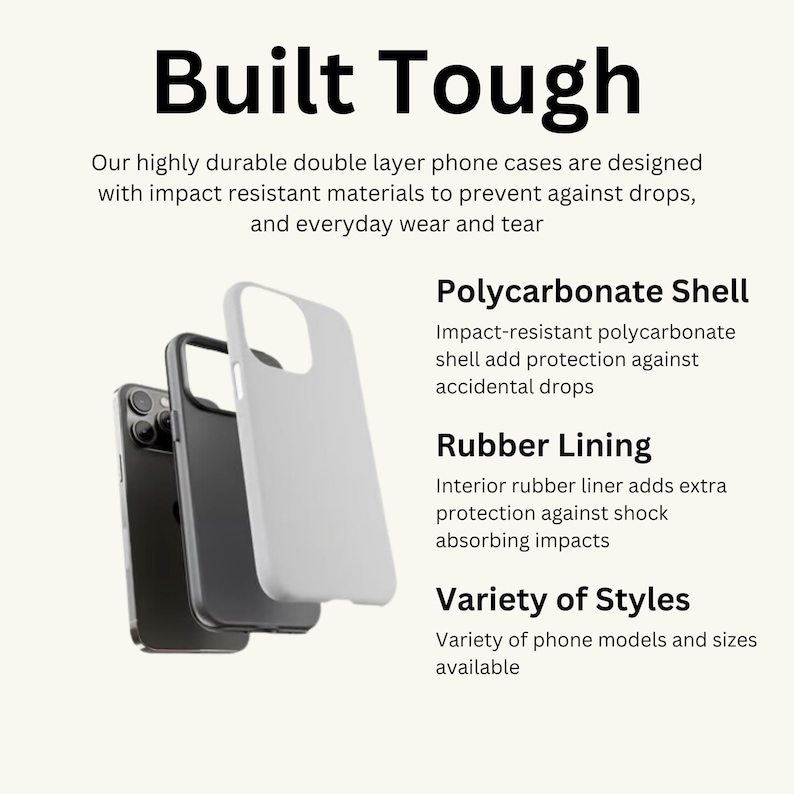 May include: Three phone cases: black, gray, and white. The image includes the text "Built Tough" and details about the cases, including a polycarbonate shell, rubber lining, and variety of styles.