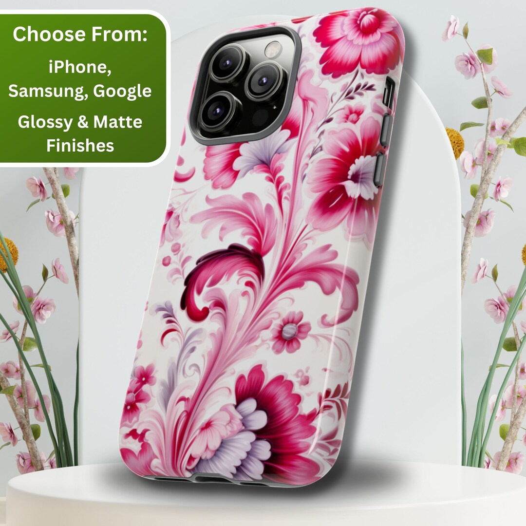 Pink Floral Phone Case, Pink Jacobean Phone Cover, Preppy Phone Case ...