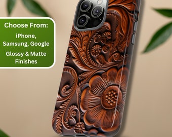 Floral Tooled Leather Design Phone Case, Western Boho Style