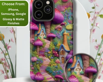 Trippy Mushroom Phone Case: Cottagecore Embroidery Effect