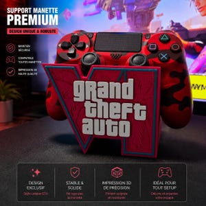 Op de afbeelding: Een rood en zwart camouflage patroon game controller met een bijpassende standaard met het "Grand Theft Auto" logo. De standaard is rood met een blauwe omtrek. De afbeelding bevat Franse tekst.