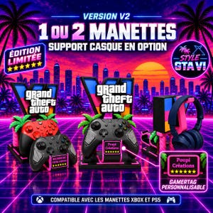 Op de afbeelding: Een zwart-rode gaming controller standaard met een Grand Theft Auto V logo en palmbomen. De standaard bevat een aanpasbaar naamplaatje, een optionele hoofdtelefoonhouder en is compatibel met Xbox- en PS5-controllers.