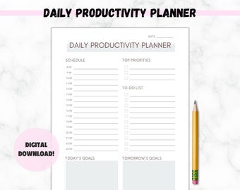 Digitale dagelijkse productiviteitsplanner afdrukbaar, dagelijkse planner afdrukbaar, afdrukbare productiviteitsplanner, minimale dagelijkse productiviteitsplanner