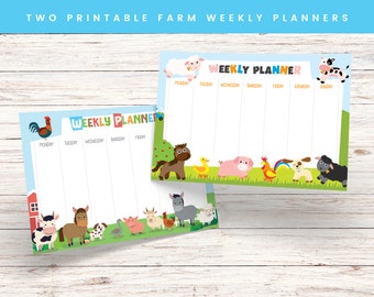 May include: Two printable weekly planner sheets featuring a farm theme. The top sheet has a blue background with a white sheep, a black and white cow, a rooster, a pig, a duck, a dog, and a black sheep. The bottom sheet has a blue background with a rooster, a horse, a cow, a dog, a goose, a pig, a goat, a donkey, and a sheep.