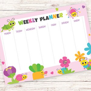 May include: A pink weekly planner with a colorful bug theme. The planner has spaces for each day of the week, Monday through Sunday. The planner is decorated with a grasshopper, a spider, a snail, and a caterpillar.