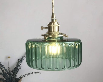 Lámpara LED colgante de cilindro corto de vidrio estriado en estilo vintage - Bombilla incluida / Iluminación interior
