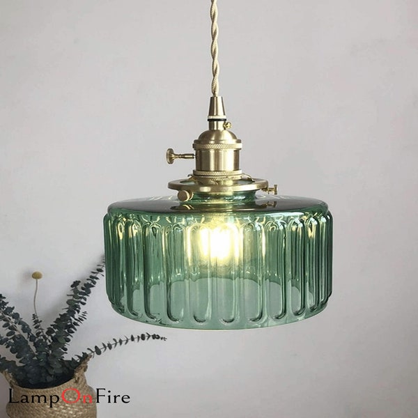 Fluted Glass Short Cylinder Pendant LED Light in Vintage Style - Bulb Included | Indoor Lighting