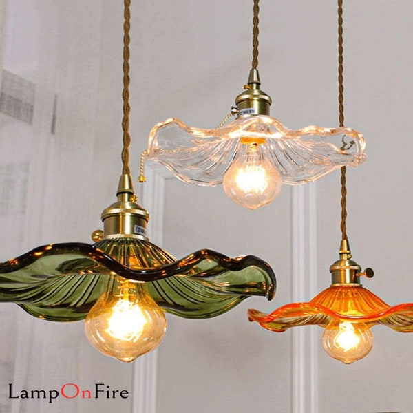 Lampe d’îlot de cuisine | Lampe LED suspendue en forme de fleur d'hibiscus en verre de style vintage - Ampoule incluse | Éclairage intérieur