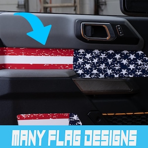 Bronco Bandeira Americana Interior Porta Superior Impressa Inserção Accent Wrap Decalque para 2021, 2022, 2023 e 2024 Ford Bronco (TAMANHO REAL)