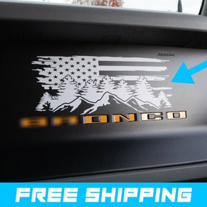 Calcomanía de bosque de montañas con bandera estadounidense Bronco Dash para Ford Bronco 2021, 2022, 2023 y 2024 (TAMAÑO COMPLETO)