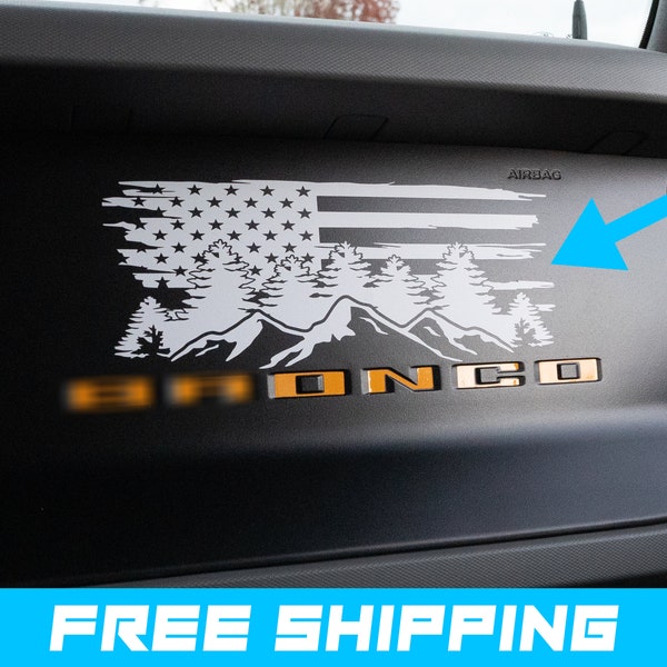 Bronco Dash American Flag Mountains Forest Decal Sticker for 2021, 2022, 2023 & 2024 Ford Bronco (FULL SIZE)