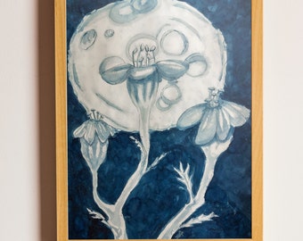 Cempuales a la Luna Marigolds to the Moon Original Watercolor Painting Night Scene Indigo Floral Space Handmade Mexican Art 18inx24in