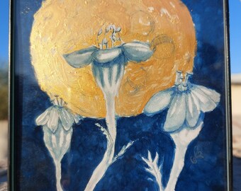 Cempuales a la luna II Metallic 4inx4in Framed Print Wall Decor Painting Flower Botanicals Blue Black Frame Limited edition print metallic
