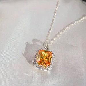 14K White Gold Citrine Necklace, Solitaire Crystals Diamonds Gem Gemstone