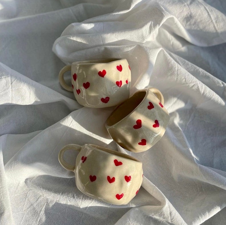 175 200 ml Handmade Ceramic Heart Mug, Cute Espresso Cup, Kawaii Aesthetic Flower Mug, Hand Painted Sakura Mug, 21st Birthday Gift for Her image 1