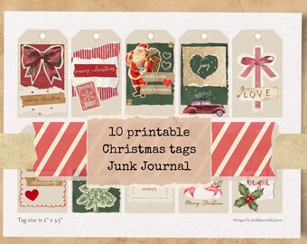 May include: A collection of ten printable Christmas tags with a vintage aesthetic. The tags feature festive designs like bows, Santa Claus, hearts, and Christmas trees. Each tag measures 2 x 3.5 inches and includes the text "Merry Christmas" and "Love".