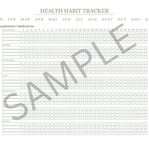 May include: A printable health habit tracker with the title "HEALTH HABIT TRACKER" at the top. The tracker includes sections for supplements/medications, and daily habit tracking boxes for each day of the month. The word "SAMPLE" is overlaid on the image.