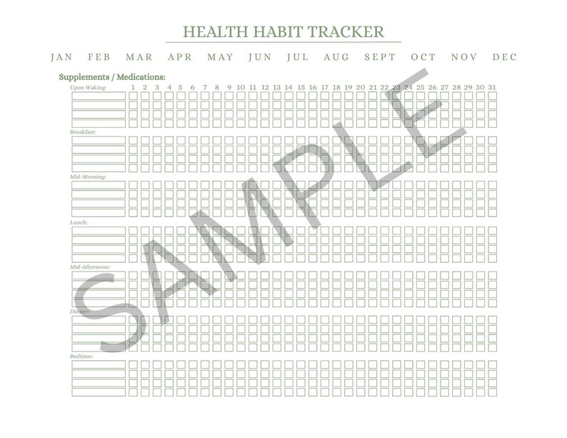 May include: A printable health habit tracker with the title "HEALTH HABIT TRACKER" at the top. The tracker includes sections for supplements/medications, and daily habit tracking boxes for each day of the month. The word "SAMPLE" is overlaid on the image.