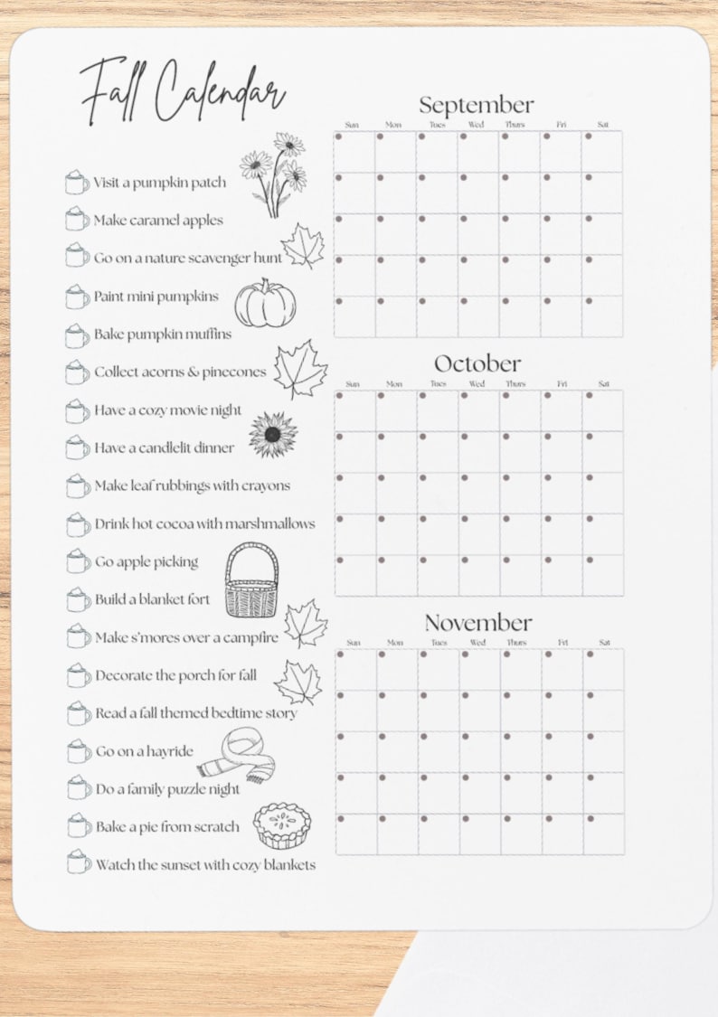Printable 2025 Fall Calendar Poster, Fall Activities Calendar, Autumn ...