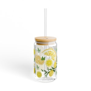 Lemon Glass cup with lid, Lemon summer glass cup, Summer wine cup with lid and straw, Lemon glass cup
