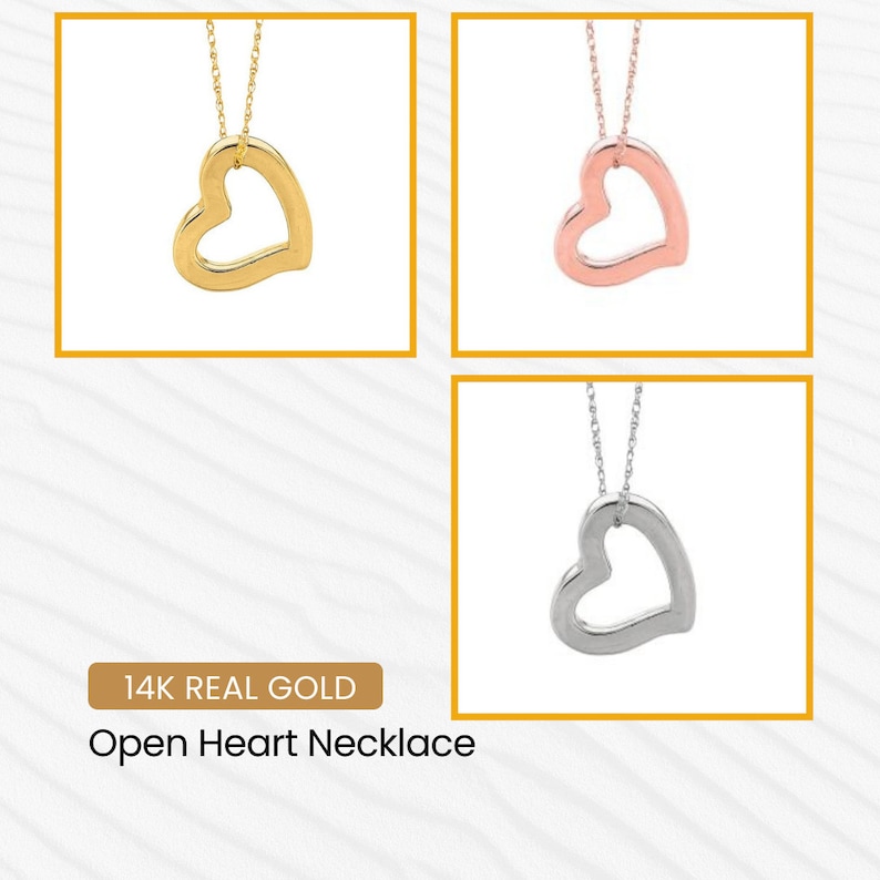 14K Gold Heart Necklace, Open Heart Pendant, Real Gold Floating Heart