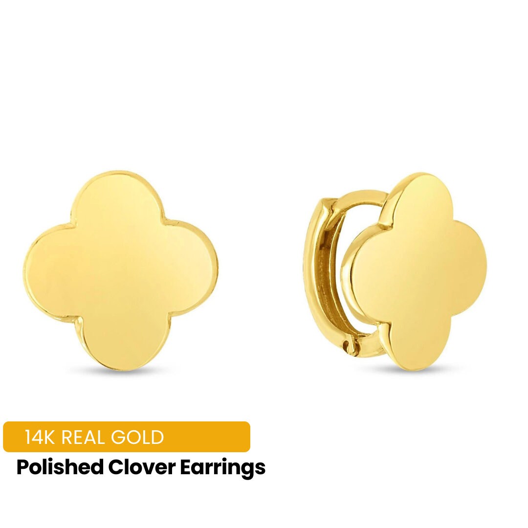 14K Clover Earrings, Real Solid Gold Clover Earrings, Four Leaf Clover ...