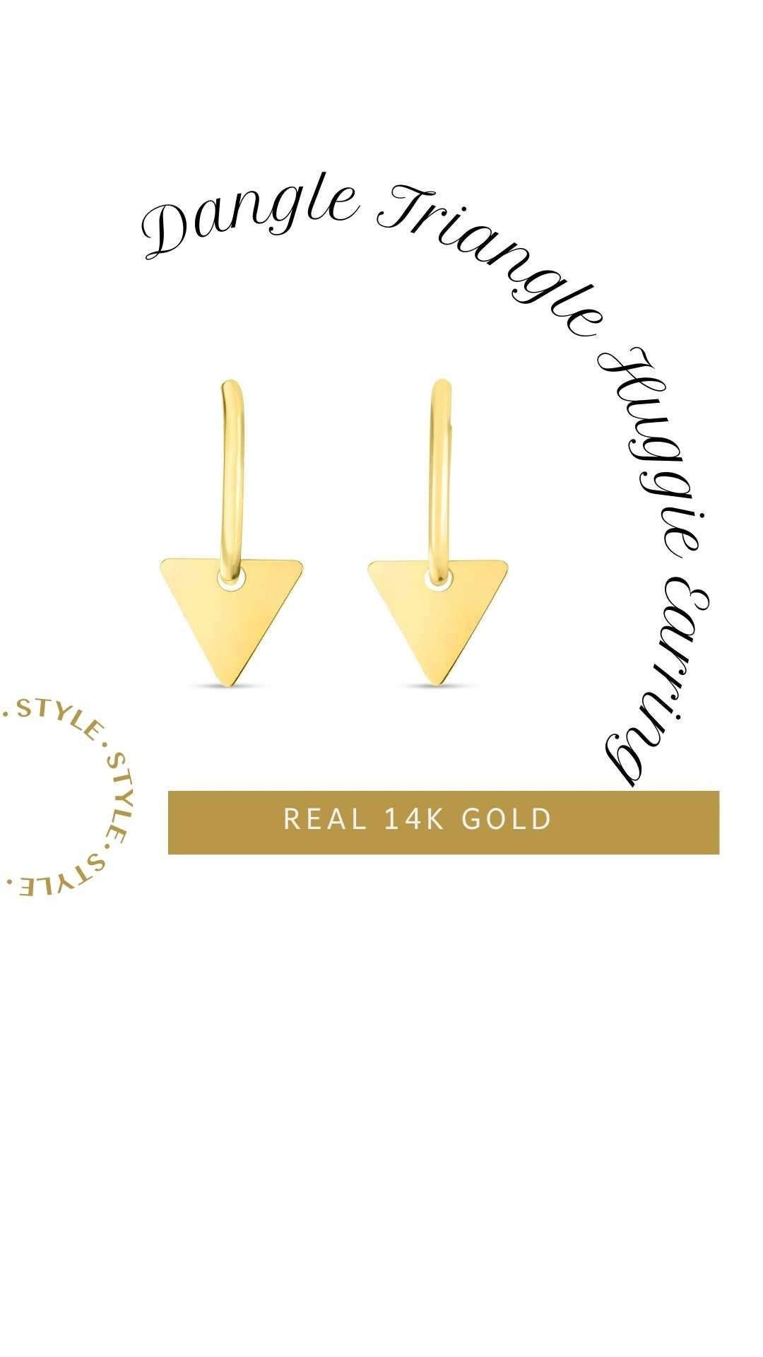 14K Gold Triangle Drop Earrings, Solid Gold Endless Hoop Earrings, Gold Dangle Earrings Women