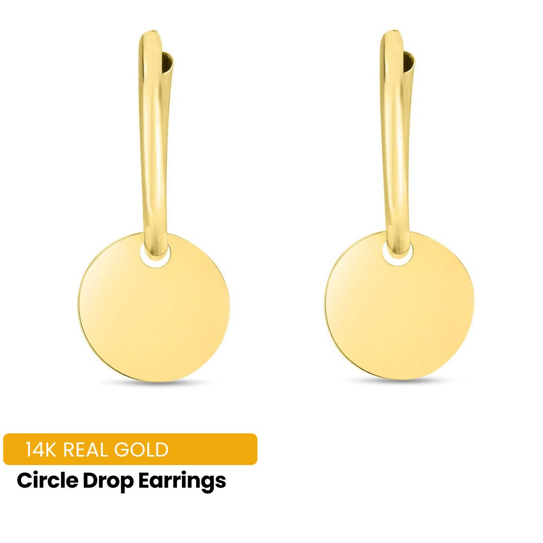 14K Gold Circle Drop Earrings, Gold Dangle Earrings Women, Solid Gold