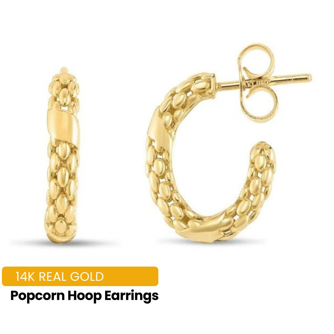 14K Gold Hoop Earrings Solid Gold Popcorn Hoop Earrings Etsy