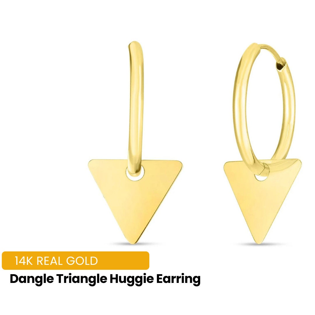14K Gold Triangle Drop Earrings, Solid Gold Endless Hoop Earrings, Gold Dangle Earrings Women