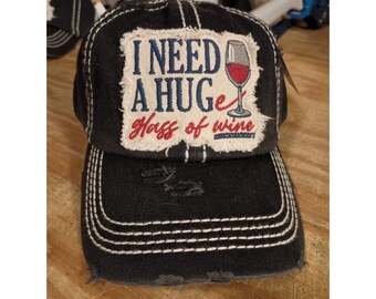 I Need a HUGe Glass of Wine Ballcap, Womens Baseball Hats, Wine Hats, Black