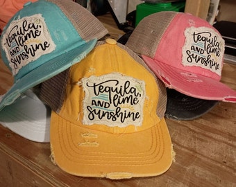 Tequila Lime & Sunshine Patch Pony Cap, Criss Cross Baseball Hat, Coral