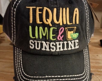 Tequila Lime & Sunshine Patch Pony Cap, Tequila Hats, Distressed Embroidered Ponytail Hat, Womens Hats