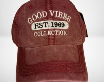 GOOD VIBES Vintage Baseball Cap Distressed Washed, Unisex Baseball Hats, Maroon