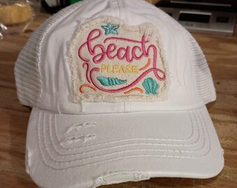 Beach Please Ball Cap, Distressed Ball Cap, Beach Hats, White