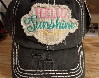 Vintage Distressed "HELLO SUNSHINE" Patch Baseball Cap, Womens Hats