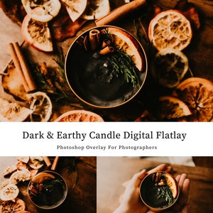 Dark & Earthy Candle Digital Flatlay For Photoshop