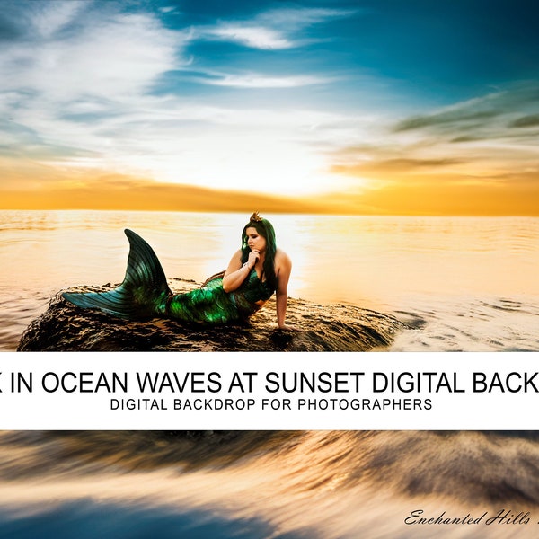 Rock in Ocean Waves at Sunset (Mermaid) Photoshop Background Overlay