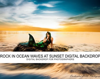 Rock in Ocean Waves at Sunset (Mermaid) Photoshop Background Overlay