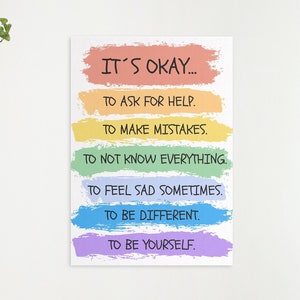 Está bien Afirmaciones para niños Arte de pared, Impresión de afirmaciones de arco iris, Decoración inspiradora de la guardería, Decoración de pared IMPRIMIBLE para la escuela, Aula