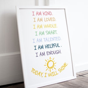BRILLARé afirmaciones para niños arte de pared, impresión de afirmaciones de arco iris, decoración de guardería solar, decoración de pared IMPRIMIBLE para la escuela, aula