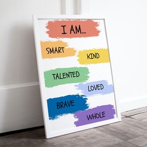 SOY AFIRMACIONES ENTERAS para el arte de la pared de los niños, impresión de afirmaciones del arco iris, decoración de la guardería, decoración de la pared IMPRIMIBLE para la escuela, el aula, el consejero