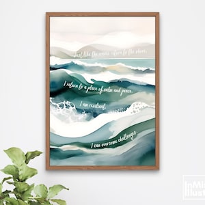 Resilience Self Affirmation Wanddekor Aquarell Meereswellen Inspirierende Wandkunst für Meditation Therapie Büro Therapeuten Mentale Gesundheit Kunst