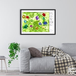 May include: A framed abstract painting of colourful flowers on a green background. The title of the painting is "FLOWERS" and the artist's name is "S.M.R.O. 2007".