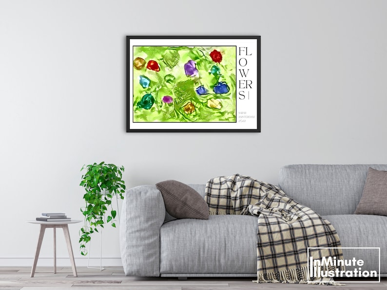 May include: A framed abstract painting of colourful flowers on a green background. The title of the painting is "FLOWERS" and the artist's name is "S.M.R.O. 2007".