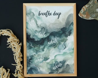 Breathe Deep Meditative Wall Decor Inhale Exhale Guide Ocean Waves Inspiring Modern Wall Art for Yoga Meditation Room Practice Printable