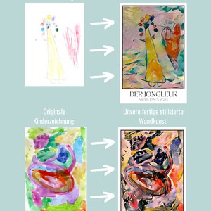 May include: Two examples of how a child's drawing can be transformed into a stylised painting. The first drawing shows a person with a heart and the second drawing shows a colourful abstract design. The paintings are titled "Der Jongleur" and "Fr&uuml;hling".